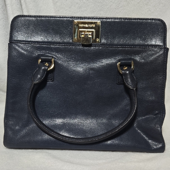 Michael Kors Vintage NAVY Satchel Gold MK HDWR Classic Elegance Soft Leather HTF - Picture 1 of 16